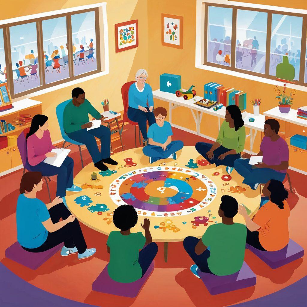 A brightly lit, warm community center with therapists, counselors, and parents engaged in joyful, supportive interactions. Some are in a circle having a group discussion, others are playing with children on the autism spectrum, using educational toys. Illustrated symbols of connectivity and care float above them, tying everyone together. vector art. vibrant colors.