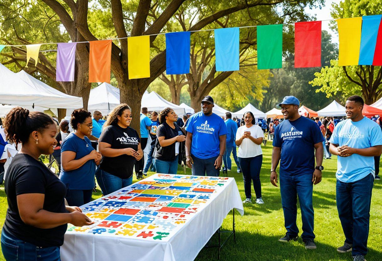 A vibrant and inclusive community gathering in a serene park, featuring diverse individuals engaged in supportive activities, exchanging information at resource booths, and advocating for autism awareness with colorful banners. Transparent puzzle pieces symbolizing autism connection float gently in the background. Realistic. Vibrant colors. Warm and welcoming ambiance.