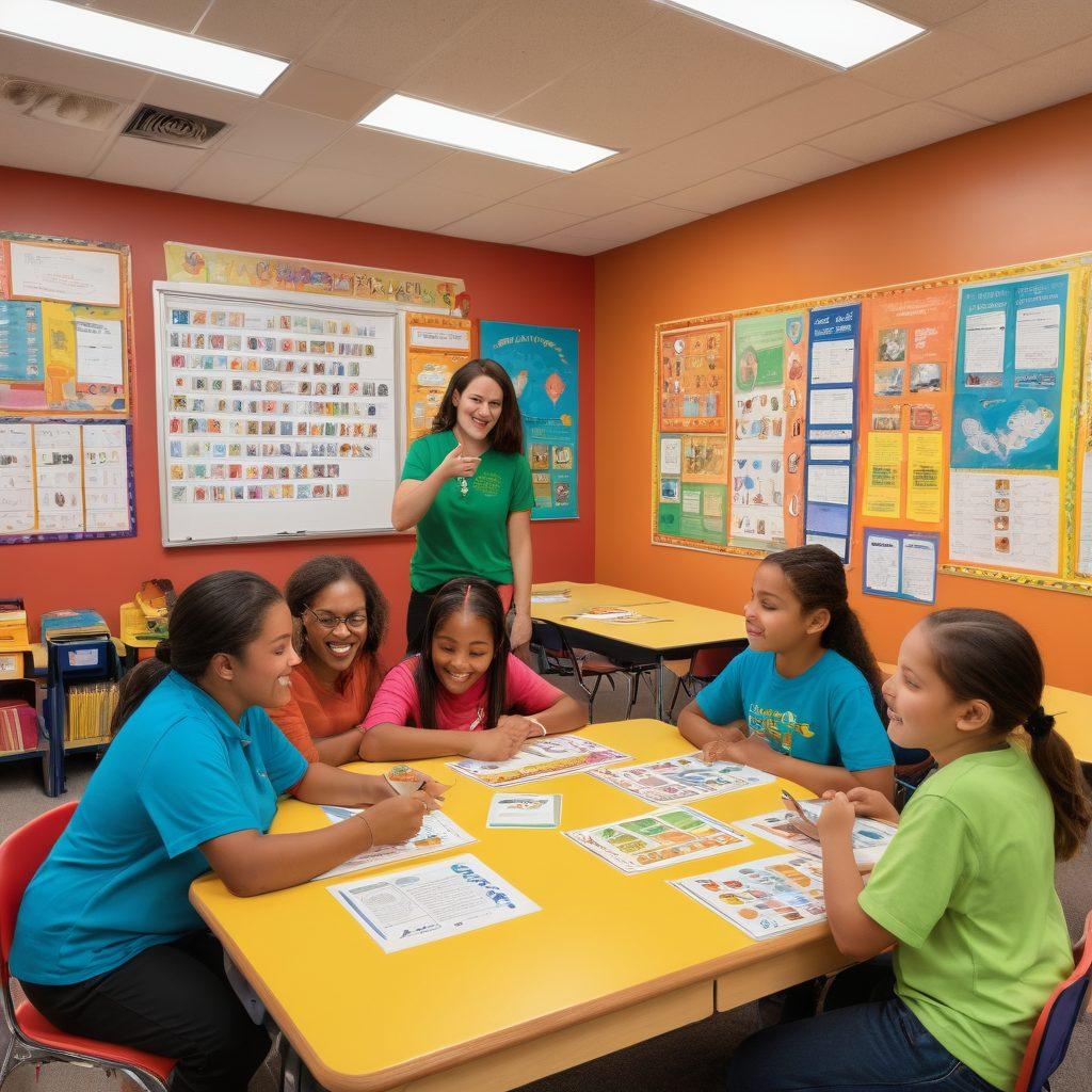 A diverse group of families and educators engaged in a warm, inclusive classroom setting, with visual aids and sensory-friendly materials. Include individuals displaying various forms of communication - verbal, sign language, and pictorial symbols. Highlight an environment filled with colorful, welcoming elements, such as posters and educational tools. super-realistic. vibrant colors. warm lighting.